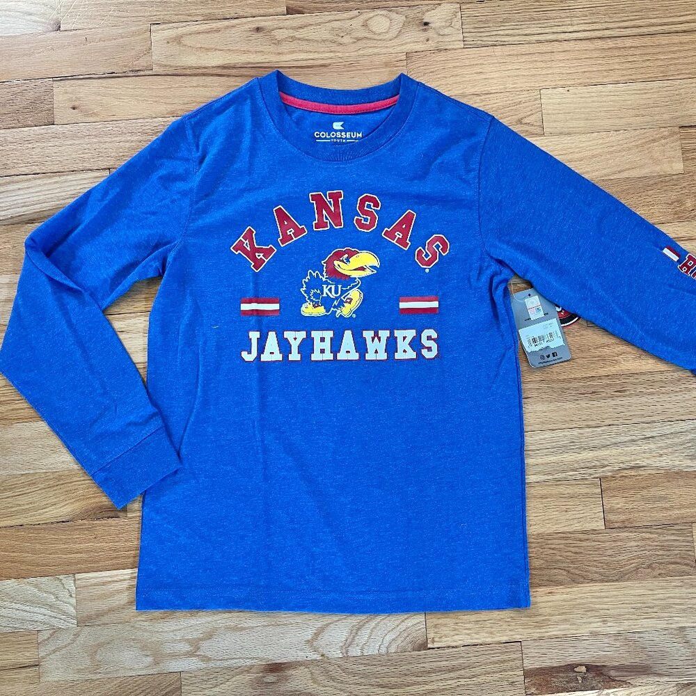 NEW Kansas Jayhawks Blue Long-Sleeve Tshirt Youth Kids Size Medium 12-14 NWT